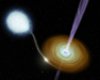 Artist's represenation of a double system containing a compact object (black hole) and a massive dying star. The black hole is "stealing" the giant's material onto its accretion disk and radiating it perpendicularly in the form of jets. NASA/courtesy of nasaimages.org.